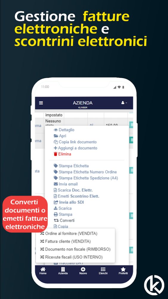 Schermata dell’app Kliveer – Gestione azienda