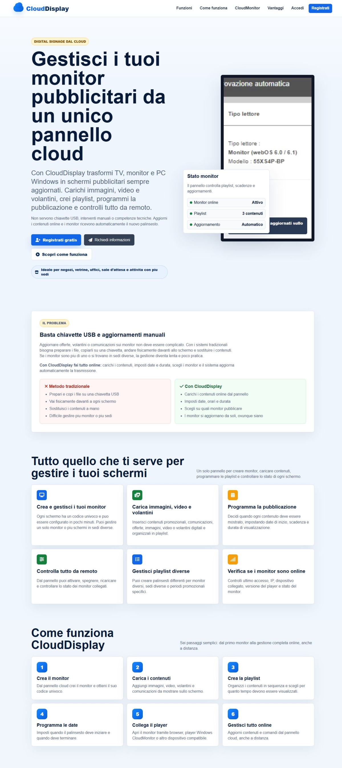 Homepage di CloudDisplay su desktop